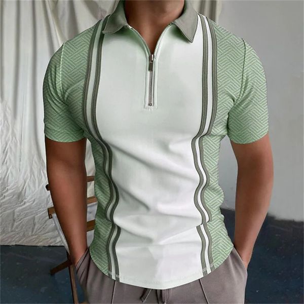 Polos Masculinos Fashion Men Polo Shirts Summer High Quality Print Casual Daily Short Sleeve Men Men Shirt Lapel Zipper Patchwork Polo S-3XL 230804