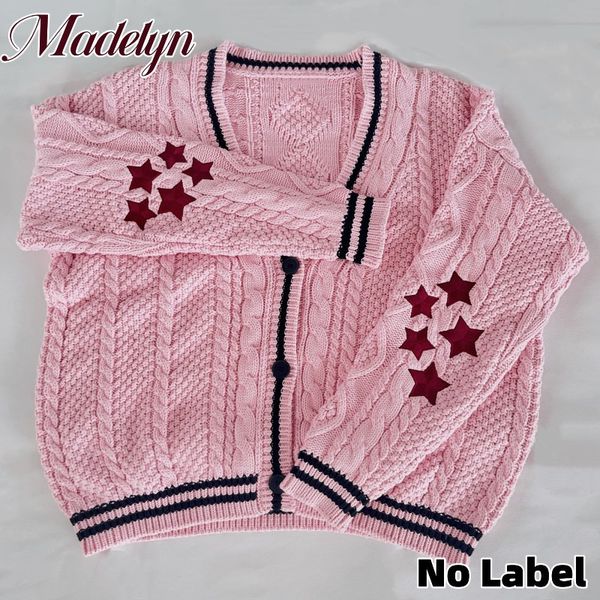 T-shirts femininas de malha outono inverno edição limitada cardigã rosa suéter de malha com estrela bordada cardigãs femininos tay warm lor suéter com decote em v 230803