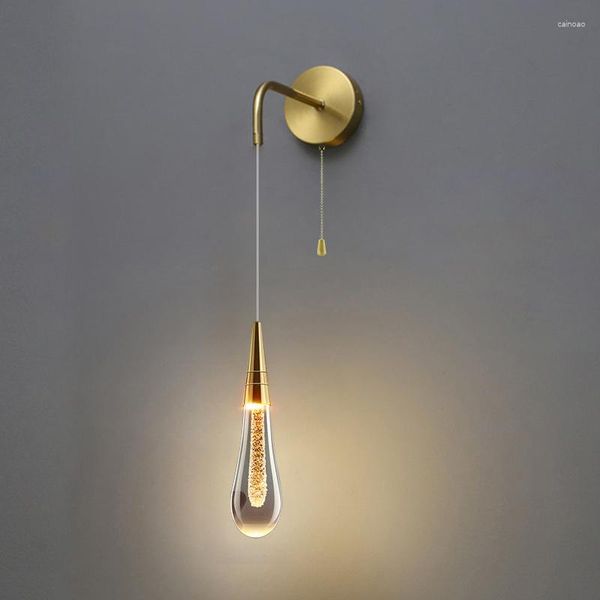 Lâmpada de parede pingos de chuva criativos luzes quarto de estar lâmpadas de cristal de luxo com interruptor de zíper pó de ouro claro dentro