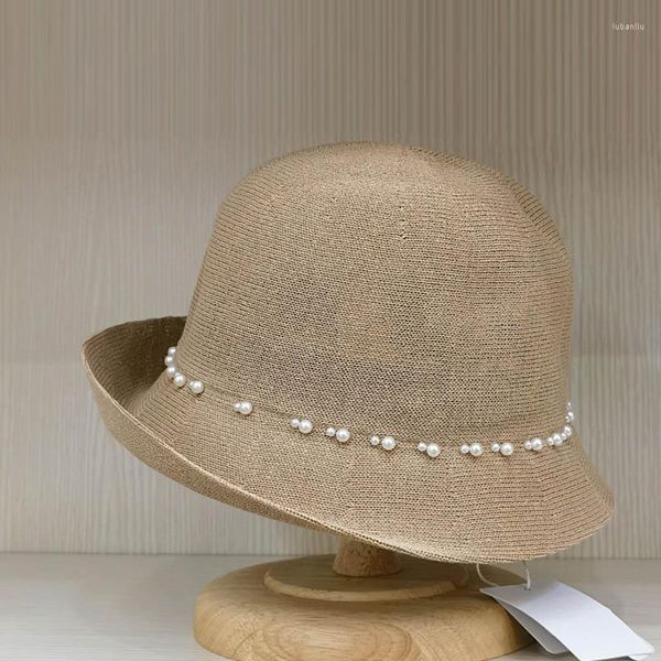 Cappelli a tesa larga Donna Estate con perle Lino Secchio Cupola verso l'alto Cappello da sole da donna Pesca da spiaggia per lei