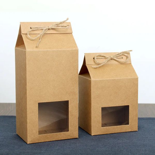 Saco de papel kraft para embalagem de chá, caixa de janela transparente para armazenamento de alimentos de biscoito de bolo em pé sacos de embalagem de papel