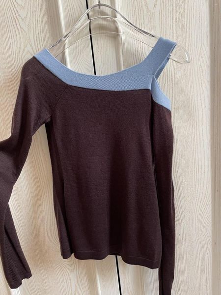 Женские футболки с плечами с цветом Color Contrast вырез тонкий свитер Простой и ретро современная текстура продвинута