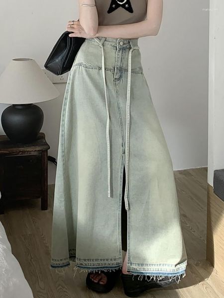 Röcke Qiukichonson Front Jag Denim Damen Lang Vintage England Stil Hohe Taille Schnürung Damen A-Linie Quaste Jeansrock Locker