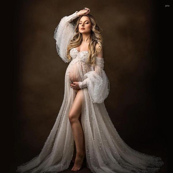 Abiti casual Eleganti puntelli di maternità per la maternità Abito da sposa in tulle con perle per babyshower con spalle scoperte