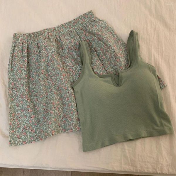 Damen-Nachtwäsche, modischer Blumen-Shorts-Anzug, Soild-Weste mit Brustpolster, sexy Damen-Pyjama-Set, Casula, Tank-Top, elastische Hose, Mädchen, Studenten