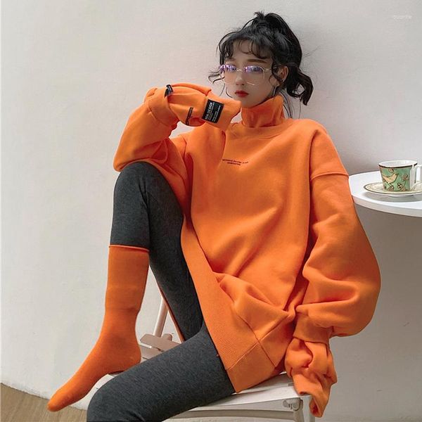 Frauen Hoodies 2023 Frühling Herbst Schwarz Gedruckt Brief Rollkragen Top Plus Samt Dicke Warme Pullover Mäntel Koreanische Größe Sweatshirt