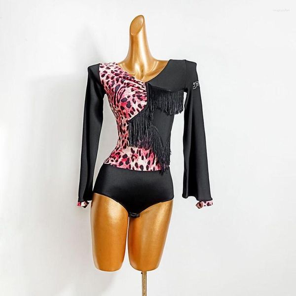 Traje de Palco Franja Sexy Feminino Vestido de Dança Latina Leopardo Patchwork Dança Pano Samba Tango Chacha Performance DL577