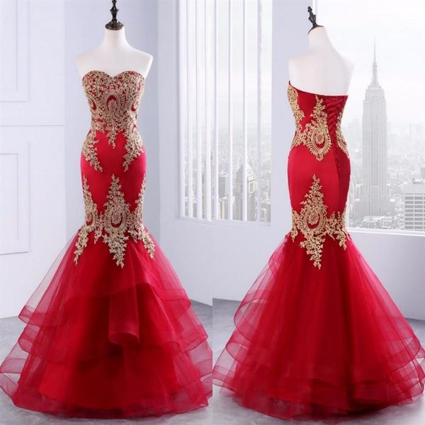 2021 Red Gold Mermaid Abito da sera economico Sweetheart Applique in pizzo Ruffles Strati Tulle Lungo Prom Pageant Abito formale per ragazze Pa256p