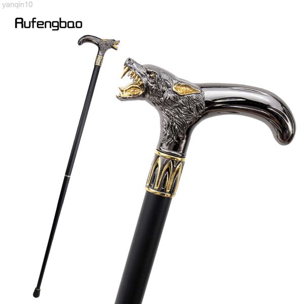 Pólos de Trekking Golden Black Wolf Head Mordendo Bengala Moda Decorativa Bengala Cavalheiro Elegante Cosplay Cane Knob Crosier 93cm HKD230804