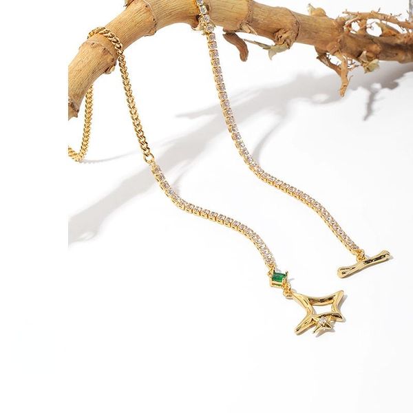 Halsreif, vermessingt mit echtem Gold, cooles Vier-Sterne-Form-OT-Schnalle-Design, Spleißtextur, Zirkon-Ketten-Halsketten-Armband