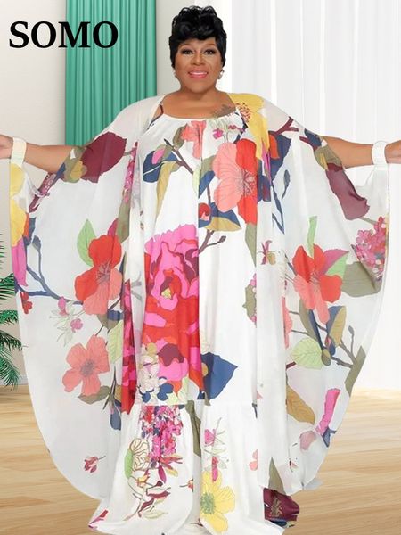 Calças femininas plus size SOMO conjunto de duas peças vestido feminino e xale combinando verão 2023 sem manga floral roupas de férias atacado dropshiping 230804