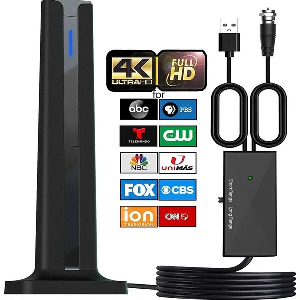 Antena de TV interna poderosa com alcance de mais de 420 milhas - compatível com 4K Full HD, reforço de sinal e cabo coaxial de 16 pés para TVs inteligentes mais antigas