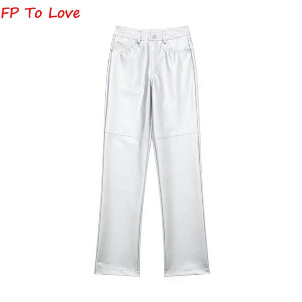 Pantaloni da donna Capris Shining Silver Pantaloni a gamba larga Chic Faux Leather PU Pantaloni lunghi High Streetwear Donna Bloggers5114602808Female Straight Quality 230803