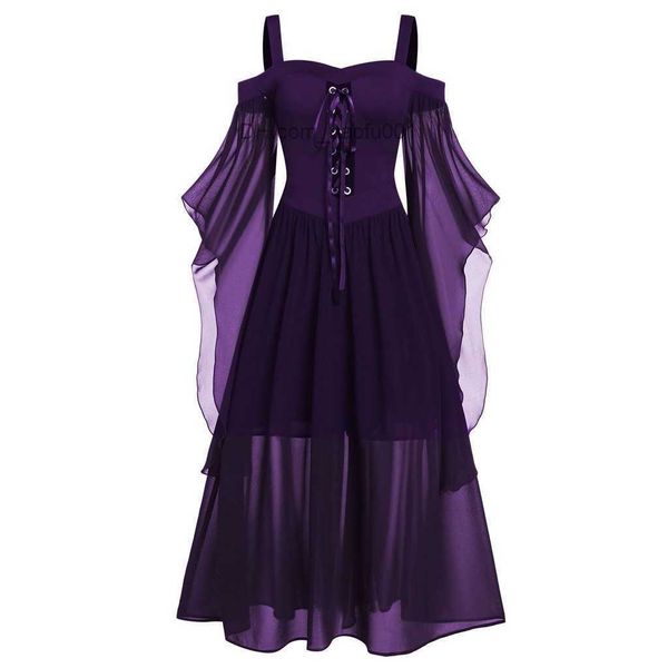 Fantasia de tema vintage feminino halloween vestido bruxa gótica renda bandagem malha plus size size ombro halloween feminino tocando vestido z230804