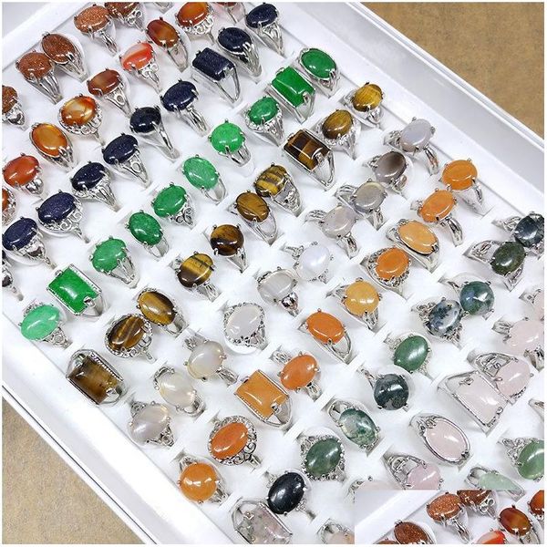 Anel Solitário 50 Pçs/lote Colorf Anéis de Pedra Natural Para Mulheres Senhoras Joias de Pedras Preciosas Moda Misturar Estilos Dia dos Namorados Presente Drop Del Dhls5
