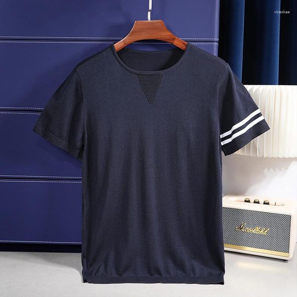 Camisetas masculinas verão luxo negócios moda gola redonda cor lisa amora punho de seda listrado design legal camiseta de manga curta M-4XL
