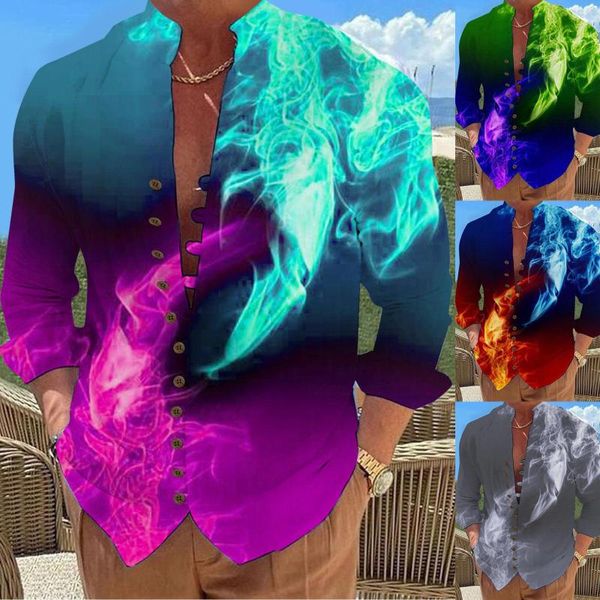 Camisetas Masculinas Camisa de Manga Longa Marrom Masculina Lazer à Beira-mar com Botão Solto Gola de Suporte Digital 3D Macacão Shorts Grande Para