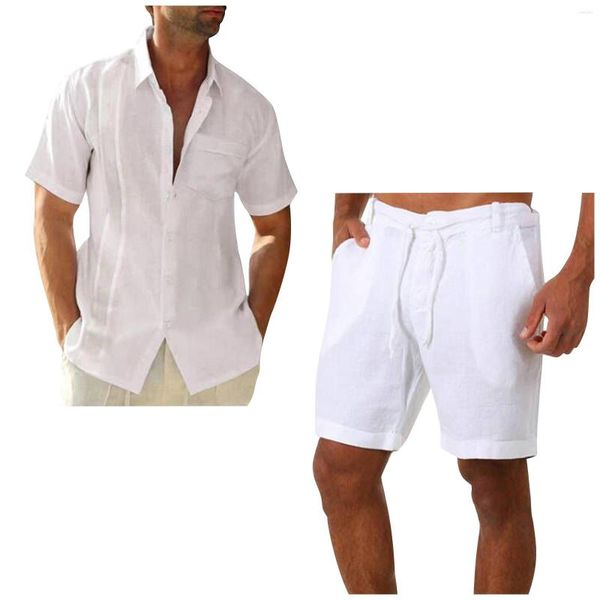 Agasalhos masculinos 2023 verão algodão linho camisa conjunto casual ao ar livre 2 peças terno roupas para casa pijamas macio respirável praia manga curta