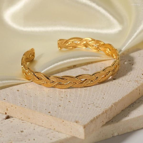 Pulseira de aço inoxidável de luxo banhado a ouro trançado trançado exclusivo padrão em forma de C aberto pulseiras de punho