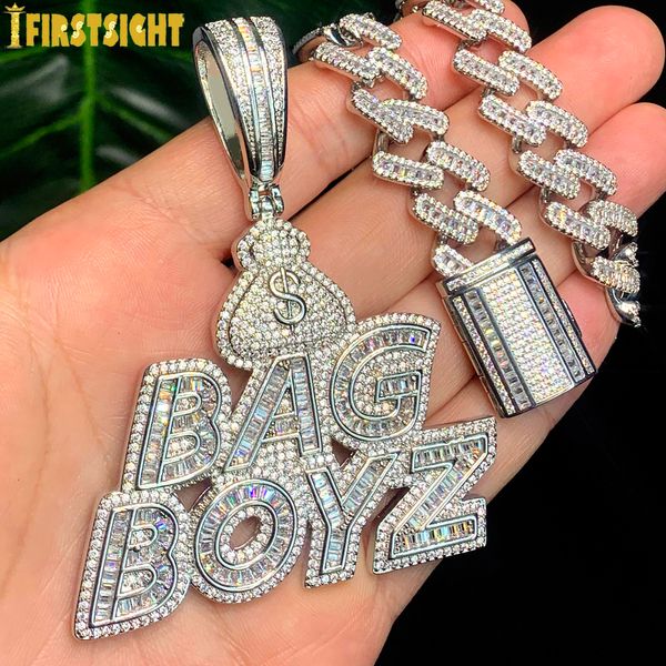 Kolye Kolyeler CZ Letters Bag Boyz Kolye Buzlu Bling 5A Kübik Zirkon Dolar Sembol Para Takımı Moda Hip Hop Erkek Mücevher 230803