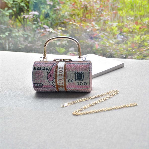 Ordina Trapano di gomma Piccolo cilindro Borsa a spalla singola con dollaro Borsa da pranzo con strass moda diamante intarsiato Donna 230804