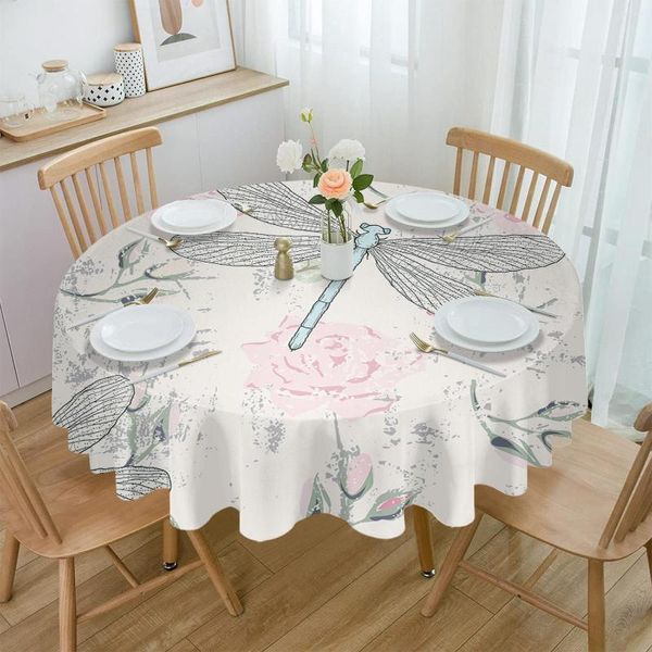 Toalha de mesa libélula flor botão asas olho toalha de mesa à prova dwaterproof água decoração de chá capa redonda para cozinha casa de casamento sala de jantar