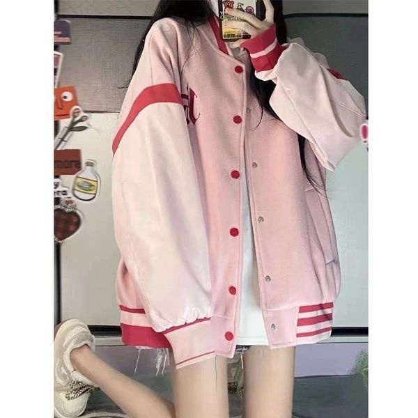 Giacche da donna HOUZHOU Vintage Y2k Pink Bomber Jacket Donna Moda coreana Streetwear Oversize Cute Ricamo Giacche da pista College Loose 230803