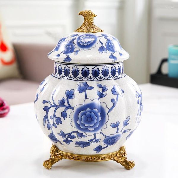 Garrafas De Armazenamento De Porcelana Azul E Branco Com Tanque De Cobre Neoclássico Chinês Villa Sala De Estar Mesa De Chá Macio Acessórios Para Casa Pote