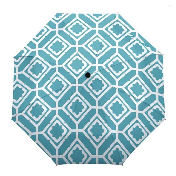 Guarda-chuvas figura geométrica azul-petróleo verde à prova de vento guarda-chuva dobrável para viagem para homem feminino com oito ossos guarda-sol impresso automaticamente