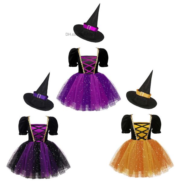 Themenkostüm Kinder und Mädchen Hexe Halloween Rollenspielkleid mit glitzerndem Gitter-Tutu-Kleid und spitzem Hut Karnevalspartykleid Z230804