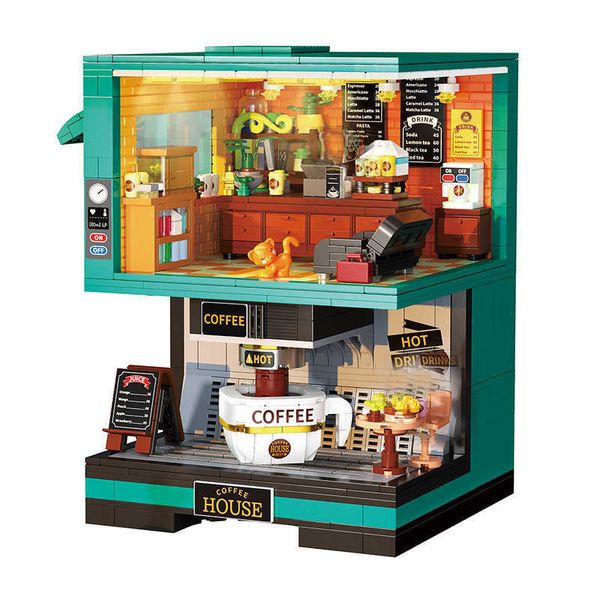 Blöcke City Kreative Doppel Schicht Kaffee Shop Modell Büro Desktop Dekoration Micro Bausteine Spielzeug Weihnachten Geschenke