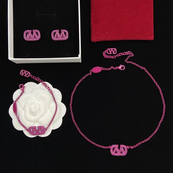 Luxusschmuck Pinke Halskette Rose Lila Armband Ohrstecker Set Mode Damen Funkelnder Diamant Buchstabe Dopamin Ornament Mädchen Halsketten