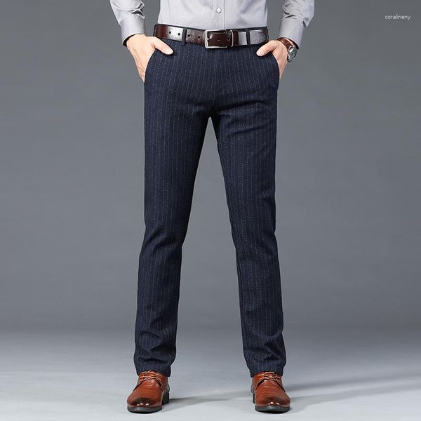 Calças masculinas 2023 outono inverno negócios terno listrado longo masculino elástico reto moda casual formal calças plus size 30-40