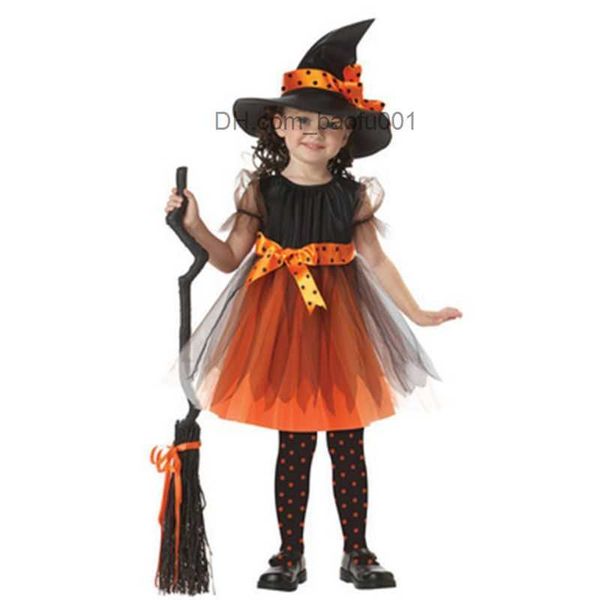 Costume a tema Gioco di ruolo da strega per bambina Vieni vestito a maniche corte per bambini con cappello a corno a nastro a pois usato per oggetti di scena per feste da favola di Halloween Z230804