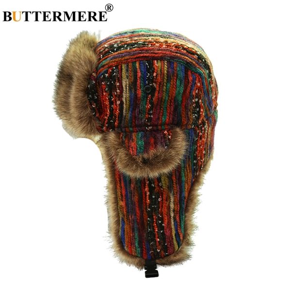 Gorros de caveira BUTTERMERE chapéus ushanka russos com protetor de orelha feminino colorido bombardeiro senhoras à prova de vento neve mais espesso pele quente de inverno 230804