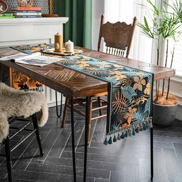 Toalha de mesa bandeira americana retrô fio tingido jacquard floresta tropical tropical borla para uso doméstico poliéster toalha de mesa cauda
