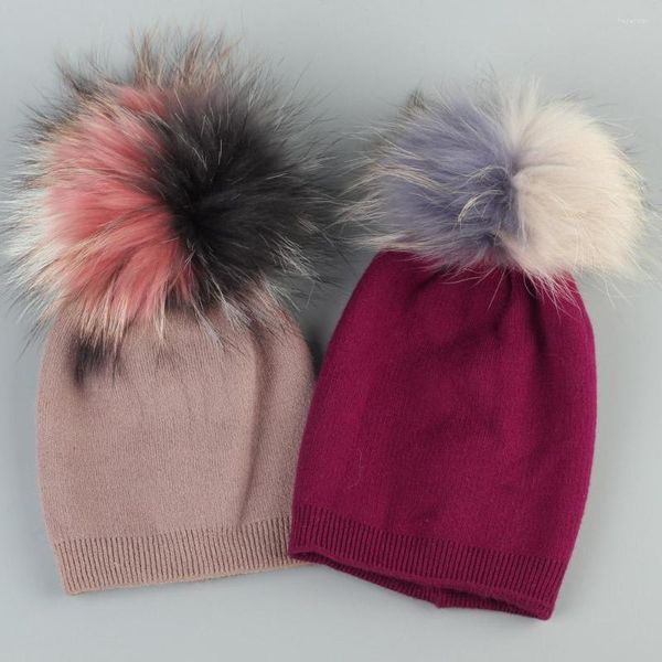 Boinas Geebro Caxemira Malha De Algodão Macio Gorros Bebê Com Patchwork Guaxinim Tripla Cor Pompom Chapéus Crianças Caveiras Bonés