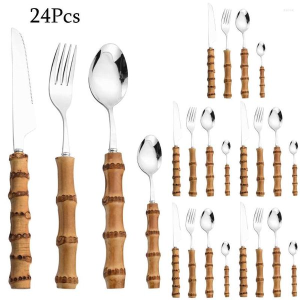 Conjuntos de louça Terprun 16/24 peças conjunto de talheres espelho de cozinha aço inoxidável com cabo de bambu faca de jantar garfo colher