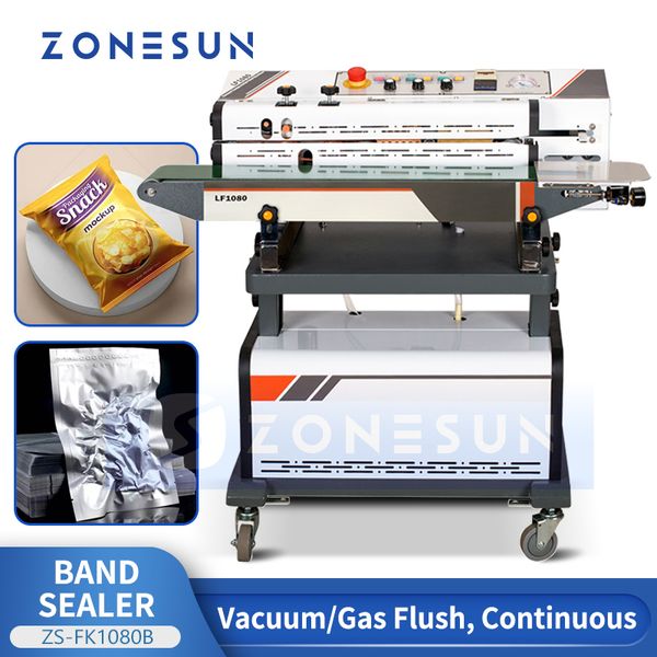 ZONESUN Sigillatore a nastro continuo orizzontale Sigillatrice sottovuoto Gas Flush Dry Ink Coding PE PP Foglio di alluminio Borse ZS-FK1080B