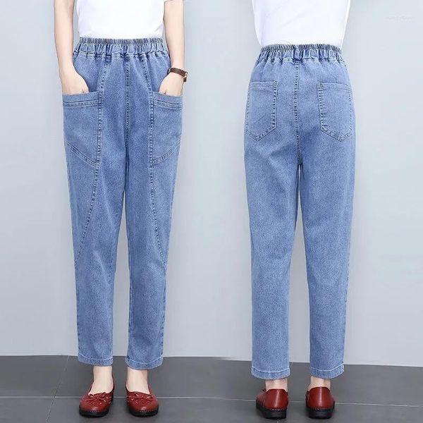 Calça jeans feminina meia-idade primavera outono cintura elástica tamanho grande solta feminina casual haren mãe reta