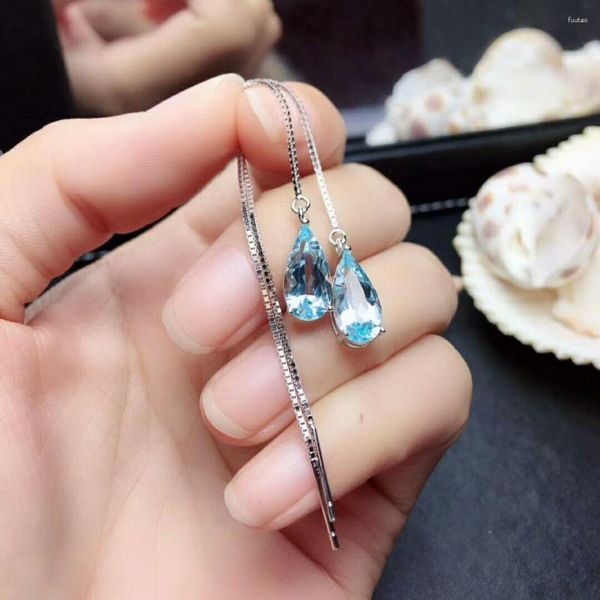 Baumelnde Ohrringe MeiBaPJ Echt 925 Sterling Silber Natürlicher Himmelblauer Topas Lange Kette Tropfen Feiner Charme Partyschmuck Für Frauen