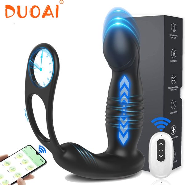 Vibratori Vibrante Butt Plug Massaggiatore prostatico telescopico Dual Cock Ring Sex Toys per uomini Gay Anal Plug Bluetooth APP Vibratore per adulti 230803