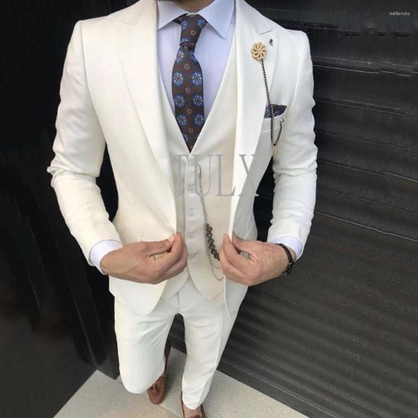 Herrenanzüge Elfenbein Slim Fit Männer für Hochzeit 3 Stück männlicher Anzug 2023 Set Jacke Weste mit Hose spitzes Revers Bräutigam tragen Kostüm Homme