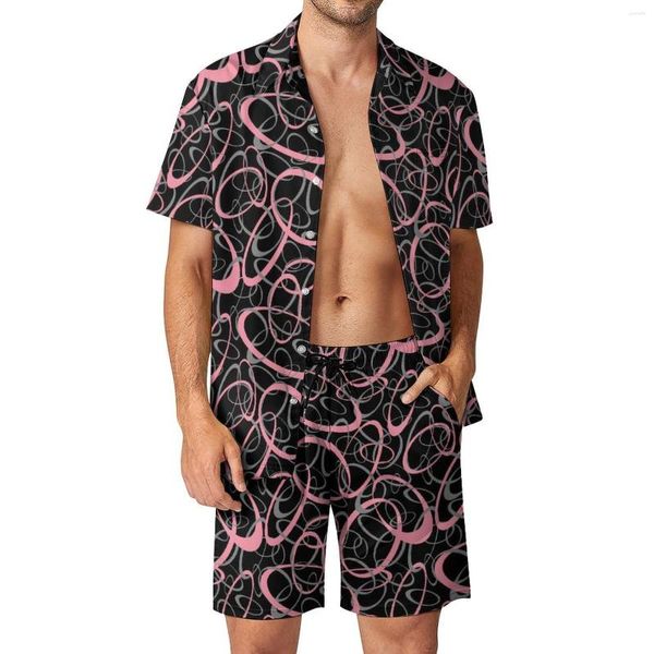 Agasalhos masculinos Retro Mod Loops Conjuntos masculinos Rosa Cinza Preto Shorts casuais Conjunto de camisas de praia estéticas Manga curta Estampado Terno tamanho grande Aniversário