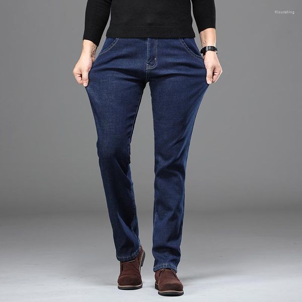 Мужские джинсы зима теплый классический стиль утолкнуть джинсовая эластичная прямая посадка черные джинсы мужской бренд случайные деловые брюки