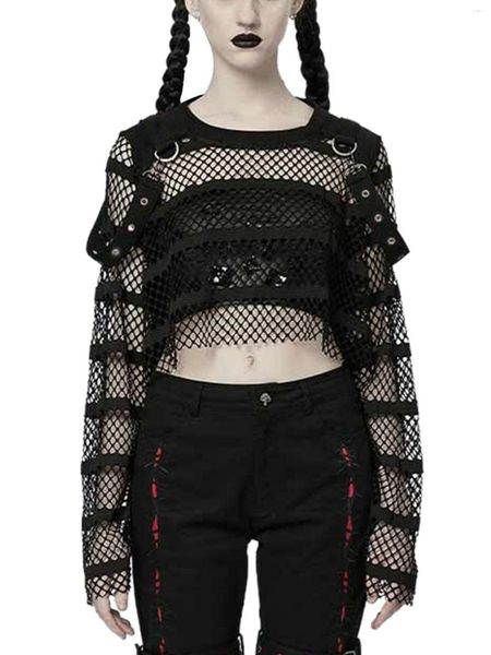 Damen-T-Shirts, lässig, Sommer, modisch, Crop-Tops, schwarz, kurzärmelig, Rundhalsausschnitt, durchsichtiges Netz, hohles T-Shirt, trendiges Gothic-Fischnetz