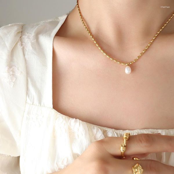 Anhänger Halsketten Französisch Licht Luxus Perle Reis Perle Kette Halskette Für Frauen Edelstahl 18k Gold Überzogene Wasserdicht Schmuck