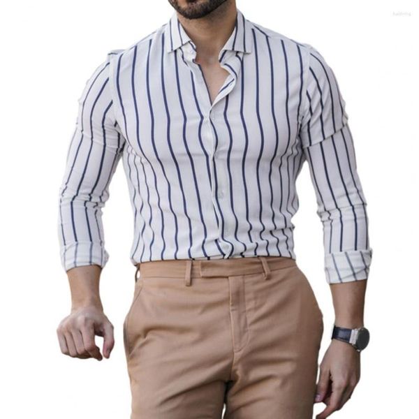 Camicie casual da uomo Abbigliamento quotidiano da uomo Elegante camicia da lavoro con stampa a righe Maniche lunghe slim fit Colletto rovesciato per abbigliamento formale autunnale Risvolto