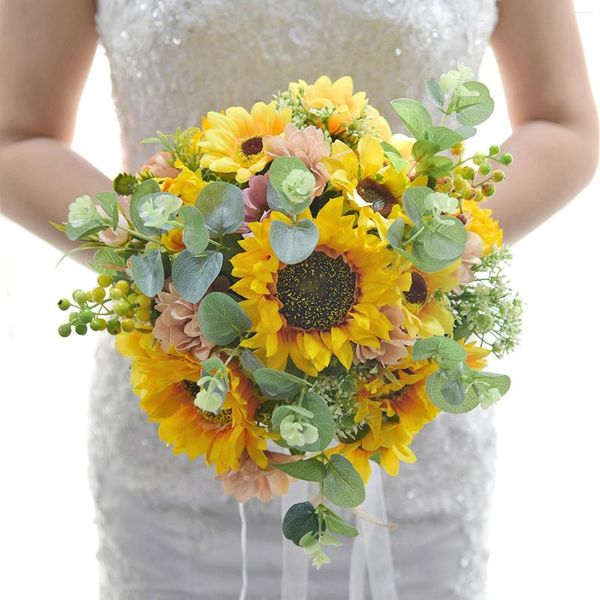 Dekorative Blumen, die einen Blumenstrauß halten, 28 cm, Party-Heimdekoration, Seidenblumen-Schleife, Hochzeit, Festival, Lieferungen, handgefertigte künstliche Sonnenblume