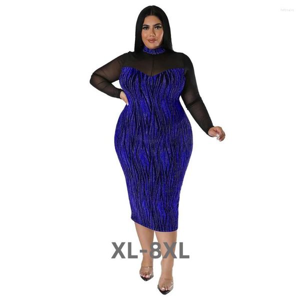 Vestidos Plus Size Elegante Noite Para Mulheres Patchwork Roupas de Outono Sexy Ver Através Vestido Longo Atacado Dro 3xl 4xl 5xl 6xl